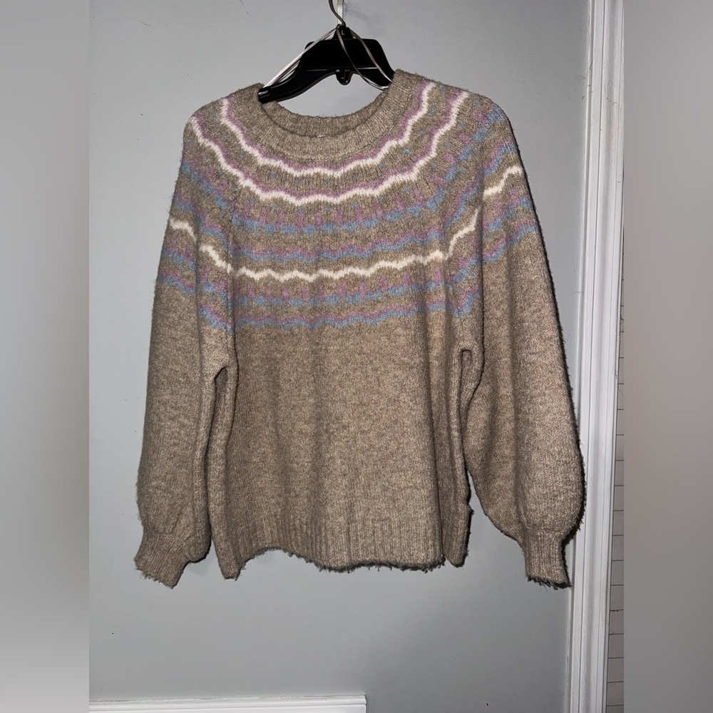Vigoss Tan Knit Sweater with Pastel Fair Isle Yoke